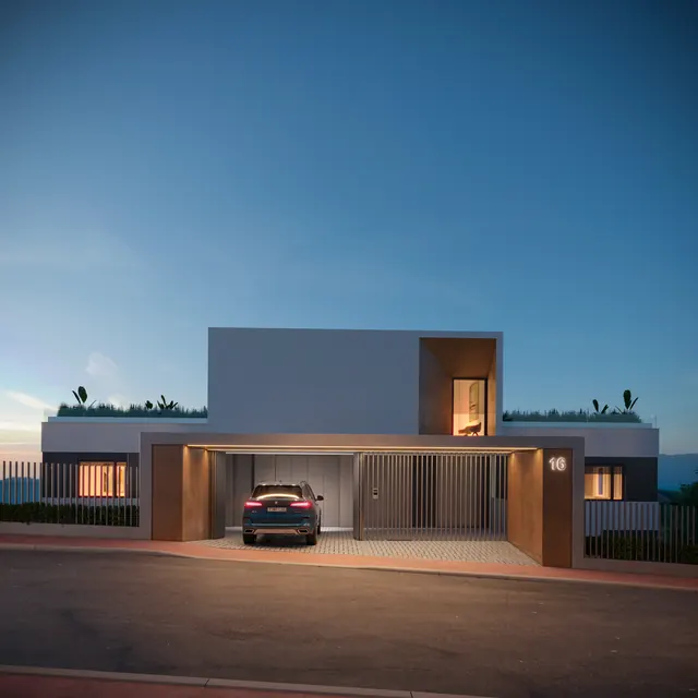 Promoción residencial · Atardecer &mdash; render exteriores